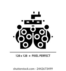 Icono de foróptero de estilo glifo perfecto de píxel 2D, vector simple aislado, ilustración de silueta que representa el cuidado de los ojos.