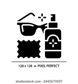 Icono de solución de limpieza de gafas de estilo glifo perfecto de píxel 2D, vector simple aislado, ilustración de silueta que representa el cuidado de los ojos.