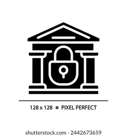 2D Pixel perfekte Glyphe Stil geschlossene Bank Ikone, solide isolierte Vektor, einfache Silhouette Darstellung der Wirtschaftskrise.