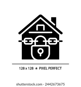 2D pixel perfect glyph style foreclosed home icon, solid isolated vector, simple silhouette illustration representing economic crisis.