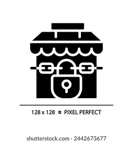 2D Pixel perfekte Glyphe Stil geschlossen Shop-Ikone, solide isolierte Vektor, einfache Silhouette Darstellung der Wirtschaftskrise.