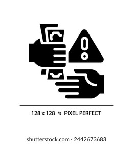 Icono de corrupción de estilo de glifo perfecto de píxel 2D, vector aislado sólido, ilustración de silueta simple que representa la crisis económica.