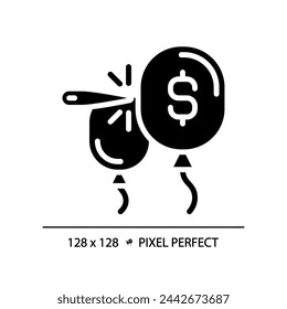 Icono de economía de burbuja de estilo glifo perfecto de píxel 2D, vector aislado sólido, ilustración de silueta simple que representa la crisis económica.