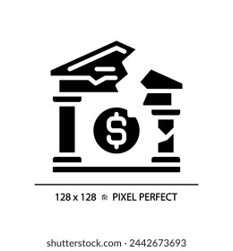 2D pixel perfect glyph style bank failure icon, solid isolated vector, simple silhouette illustration representing economic crisis.