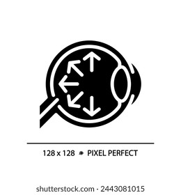 2D pixel perfect glyph style eyeball with arrow symbols icon, isolated simple vector, silhouette illustration representing eye care.