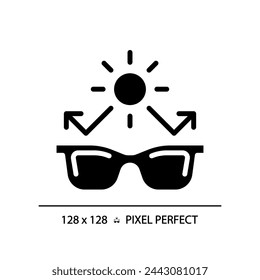 2D pixel perfect glyph style sunglasses icon, isolated simple vector, silhouette illustration representing eye care.