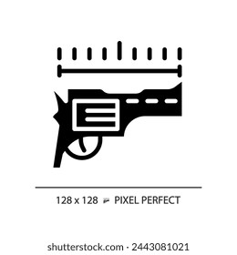 Icono de longitud de barril de estilo glifo perfecto de píxel 2D, vector aislado, ilustración de silueta plana que representa armas.