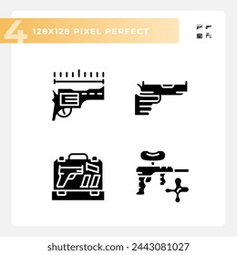 2D pixel perfect glyph style icons set representing weapons, flat silhouette illustration.