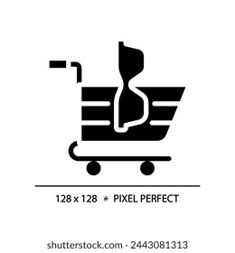 2D pixel perfect glyph style eyeglasses with shopping cart icon, isolated simple vector, silhouette illustration representing eye care.