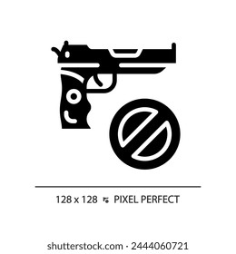 2D pixel perfect glyph style gun control icon, isolated vector, flat silhouette illustration representing weapons.
