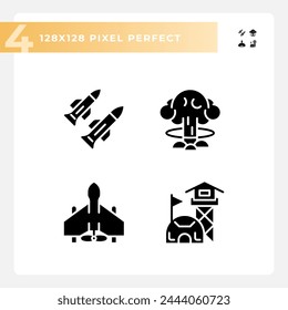Conjunto de iconos de estilo de glifo perfecto de píxel 2D que representan armas, ilustración de silueta plana.