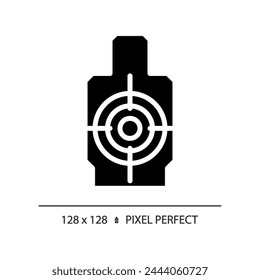 Icono de campo de tiro de estilo glifo perfecto de píxel 2D, Vector aislado, ilustración de silueta plana que representa armas.