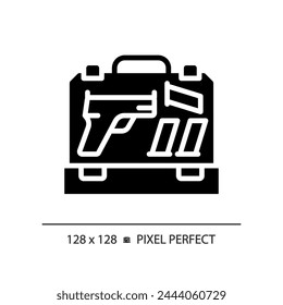 2D pixel perfect glyph style gun case icon, isolated vector, flat silhouette illustration representing weapons.