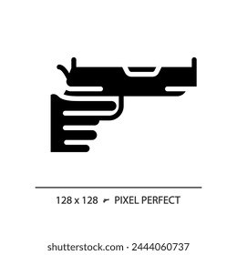 2D pixel perfect glyph style gun in hand icon, isolated vector, flat silhouette illustration representing weapons.