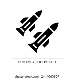 Icono de misil de estilo glifo perfecto de píxel 2D, Vector aislado, ilustración de silueta plana que representa armas.