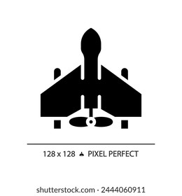 2D pixel perfect glyph style military drone icon, isolated vector, flat silhouette illustration representing weapons.