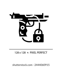 2D pixel perfect glyph style gun safety icon, isolated vector, flat silhouette illustration representing weapons.