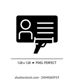 Icono de Licencia de arma de estilo glifo perfecto de píxel 2D, Vector aislado, ilustración de silueta plana que representa armas.