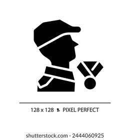 2D pixel perfect glyph style veterans war icon, isolated vector, flat silhouette illustration representing weapons.