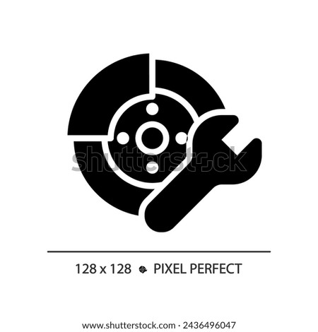 2D pixel perfect glyph style car disc brake repair icon, isolated vector, simple silhouette illustration representing car service and repair.