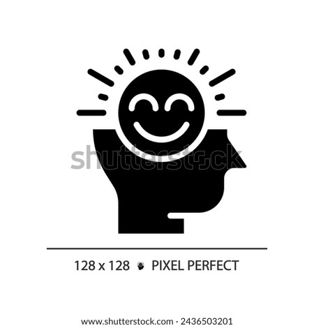 2D pixel perfect glyph style positive thinking icon, isolated vector, silhouette illustration representing soft skills.