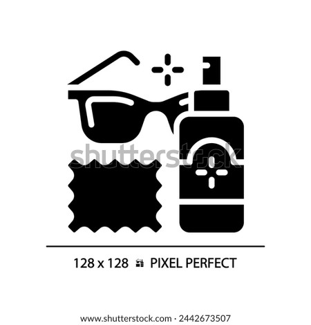 2D pixel perfect glyph style eyeglasses cleaner solution icon, isolated simple vector, silhouette illustration representing eye care.