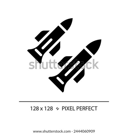 2D pixel perfect glyph style missile icon, isolated vector, flat silhouette illustration representing weapons.