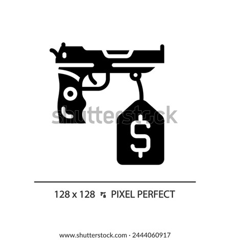 2D pixel perfect glyph style buy gun icon, isolated vector, flat silhouette illustration representing weapons.