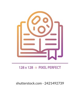 2D pixel perfect gradient book with bacteria icon, isolated vector, thin line illustration representing bacteria.