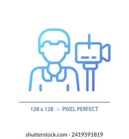 2D pixel perfect gradient cameraman icon, isolated vector, thin line blue illustration representing journalism.