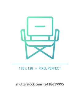 2D pixel perfect gradient camping chair icon, isolated vector, green hiking gear thin line illustration.