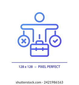 2D pixel perfect gradient decision making icon, isolated vector, thin line purple illustration representing soft skills.