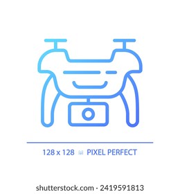 2D pixel perfect gradient drone icon, isolated vector, thin line blue illustration representing journalism.