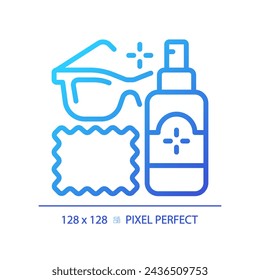 Icono de solución de limpieza de gafas de gradiente perfecto de píxel 2D, vector aislado, ilustración de línea fina que representa el cuidado de los ojos.