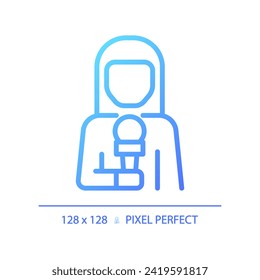 2D pixel perfect gradient female news reporter icon, isolated vector, thin line blue illustration representing journalism.