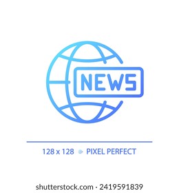 2D pixel perfect gradient global news icon, isolated vector, thin line blue illustration representing journalism.