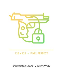 Icono de seguridad de pistola de gradiente perfecto de píxel 2D, vector aislado, ilustración de línea delgada que representa armas.