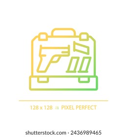Icono de caja de pistola de gradiente perfecto de píxel 2D, vector aislado, ilustración de línea delgada que representa armas.