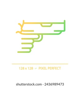 2D pixel perfect gradient gun in hand icon, isolated vector, thin line illustration representing weapons.