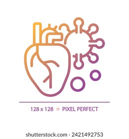 2D Pixel vollkommenes Farbverlauf-Herz mit Virus-Symbol, einzelne Vektorgrafik, dünne Linie Abbildung, die Bakterien darstellt.