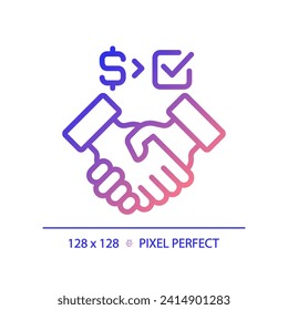 2D pixel perfect gradient icon of people handshaking with dollar and checkmark sign, isolated vector illustration of agreement.