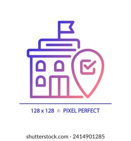 2D pixel perfect gradient icon of government building with location marker icon, isolated vector illustration.