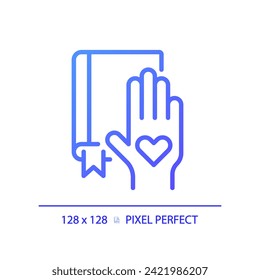 Icono de gradiente perfecto de píxeles 2D con disposición para aprender, vector aislado, ilustración de línea fina púrpura que representa habilidades blandas.