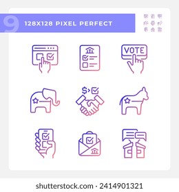 2D pixel perfect gradient icons set representing voting, isolated vector illustration of politics and election.