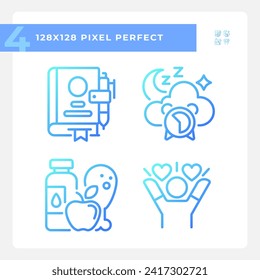 2D Pixel perfekte Farbverlauf-Icons Set repräsentiert Meditation, blaue dünne lineare Wellness-Illustration.