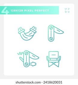 2D pixel perfect gradient icons set representing hiking gear, green isolated thin line illustration.