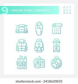 2D pixel perfect gradient icons set representing hiking gear, green isolated thin line illustration.