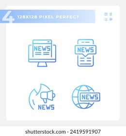 2D pixel perfect gradient icons collection representing journalism, isolated vector, thin line blue illustration