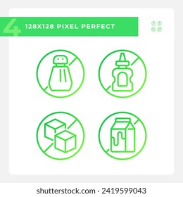 2D pixel perfect gradient icons set representing allergen free, green thin linear illustration.