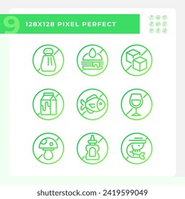 2D pixel perfect gradient icons set representing allergen free, green thin linear illustration.